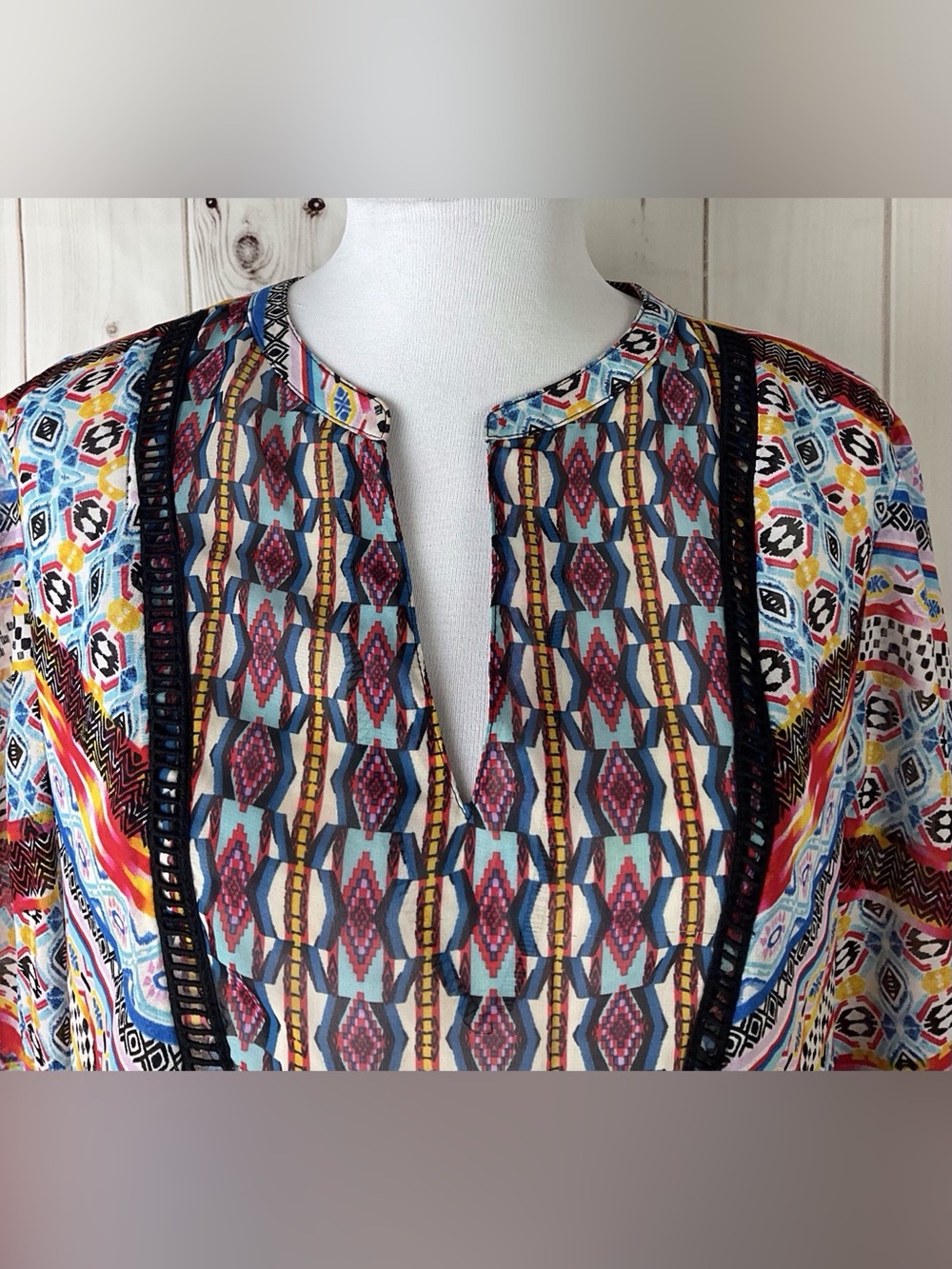 New Directions Multicolor Split V-Neck Roll Tab Sleeve Sheer Tunic Top Size XL - Picture 4 of 10